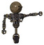 Robot containing round head and heavy upper chest and no chest plating and unicycle wheel and cat face. Desert tan painted. Pointing left or pushing a button..