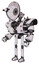 Bot containing dual retro camera head and satellite dish head and heavy upper chest and heavy mech chest and shoulder spikes and ultralight foot exosuit. White halftone toon. Facing right view.