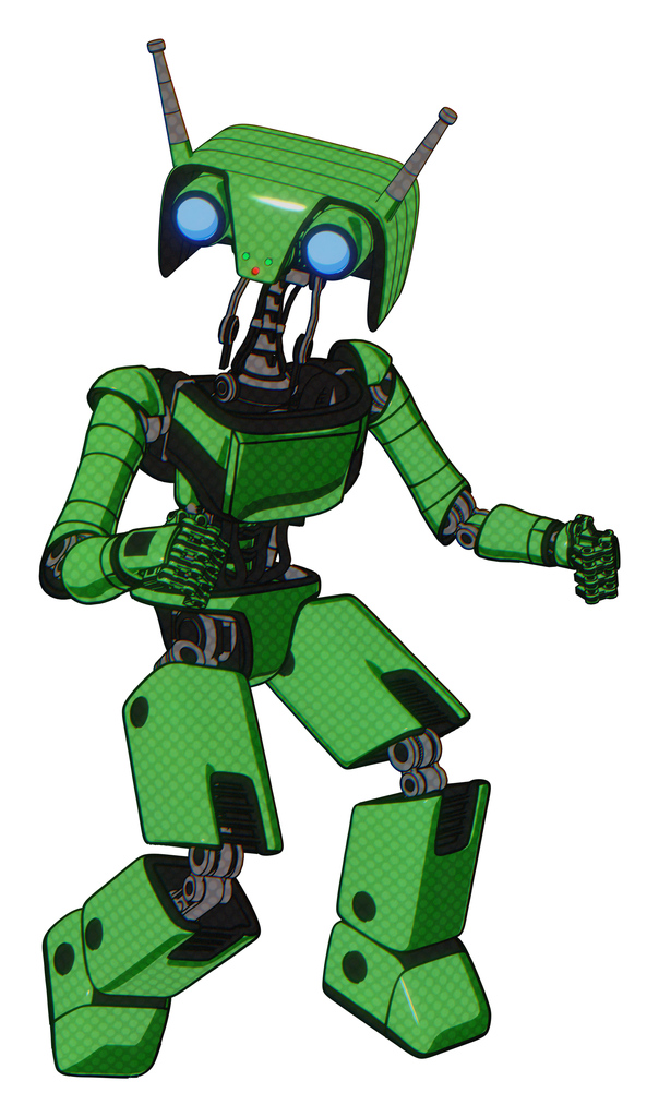 Droid containing dual retro camera head and cyborg antenna head and light chest exoshielding and ultralight chest exosuit and prototype exoplate legs. Secondary green halftone. Fight or defense pose..