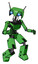 Droid containing dual retro camera head and cyborg antenna head and light chest exoshielding and ultralight chest exosuit and prototype exoplate legs. Secondary green halftone. Fight or defense pose..