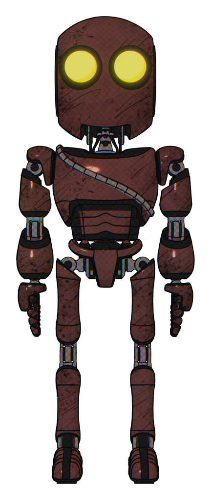 Cyborg containing round head and large yellow eyes and light chest exoshielding and cable sash and ultralight foot exosuit. Steampunk copper. Front view.