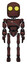 Cyborg containing round head and large yellow eyes and light chest exoshielding and cable sash and ultralight foot exosuit. Steampunk copper. Front view.