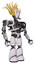 Robot containing humanoid face mask and heavy upper chest and no chest plating and light leg exoshielding. White halftone toon. Facing left view.