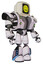 Robot containing old computer monitor  and  pixel design of yellow happy face  and  heavy upper chest  and  heavy mech chest  and  green cable sockets array  and  light leg exoshielding .
