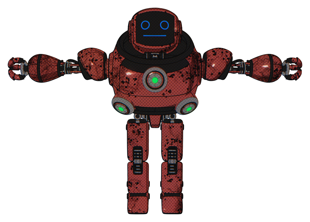 Mech containing digital display head and blank-faced expression and heavy upper chest and chest green energy cores and prototype exoplate legs. Grunge matted orange. T-pose.