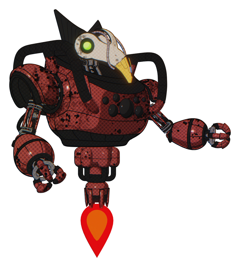 Robot containing bird skull head and green eyes and robobeak design and heavy upper chest and chest compound eyes and jet propulsion. Grunge matted orange. Interacting.