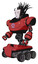 Droid containing humanoid face mask and blood tears and heavy upper chest and circle of blue leds and six-wheeler base. Primary red halftone. Facing right view.