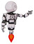 Cyborg containing dots array face and light chest exoshielding and chest valve crank and rocket pack and jet propulsion. White halftone toon. Pointing left or pushing a button..