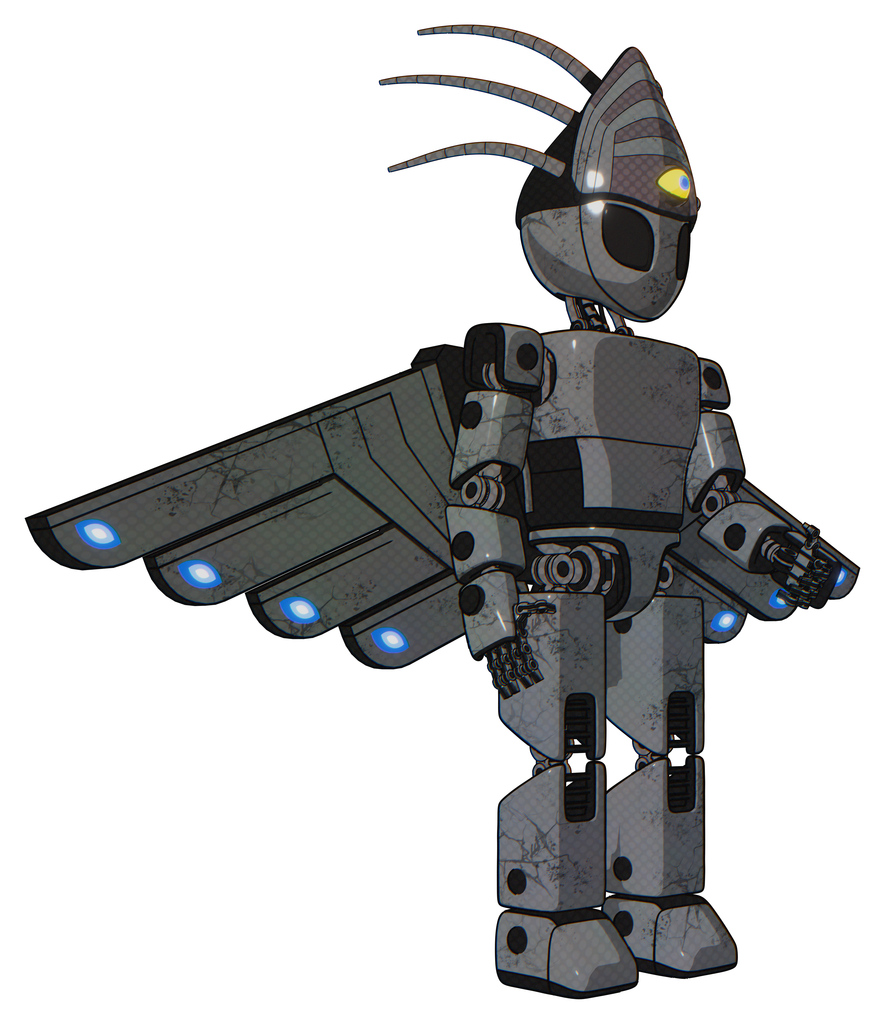Droid containing grey alien style head and black eyes and eyeball creature crown and light chest exoshielding and prototype exoplate chest and cherub wings design and prototype exoplate legs.
