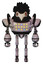 Mech containing bird skull head and red line eyes and crow feather design and heavy upper chest and colored lights array and ultralight foot exosuit. Gray metal. Front view.