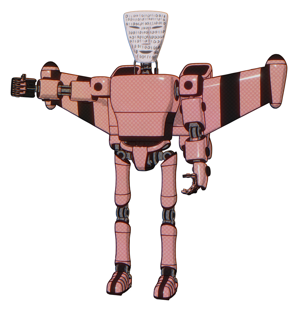 Robot containing humanoid face mask and binary war paint and light chest exoshielding and prototype exoplate chest and stellar jet wing rocket pack and ultralight foot exosuit. Toon pink tint.