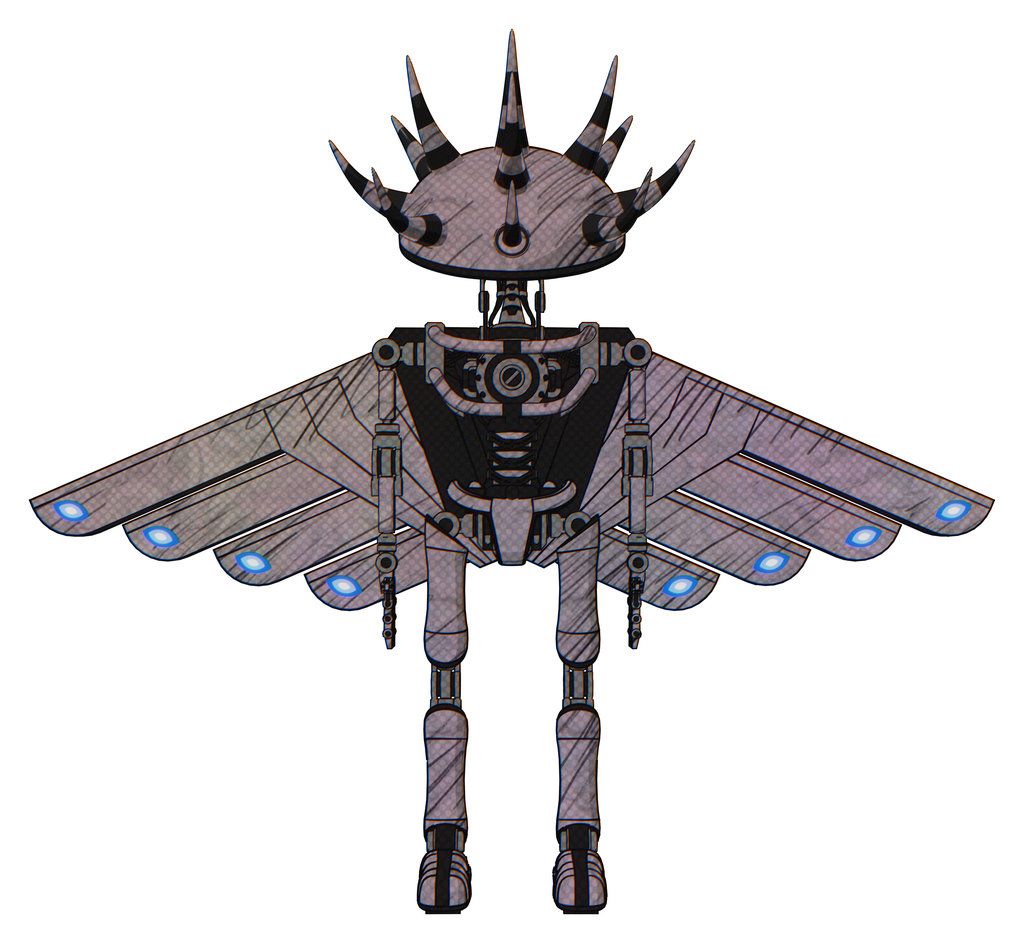 Mech containing black and white anemone dome head and light chest exoshielding and cherub wings design and no chest plating and ultralight foot exosuit. Dark sketch lines. Front view.