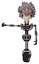 Robot containing bird skull head and red led circle eyes and bird feather design and light chest exoshielding and no chest plating and unicycle wheel. Gray metal. Arm out holding invisible object..
