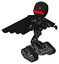 Droid containing round head and horizontal red visor and light chest exoshielding and pilot's wings assembly and no chest plating and tank tracks. Clean black. Fight or defense pose..