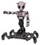 Bot containing grey alien style head and black eyes and bug antennas and light chest exoshielding and chest valve crank and insect walker legs. Sketch pad doodle lines.