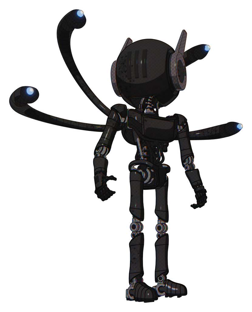 Cyborg containing round head and three lens sentinel visor and head winglets and light chest exoshielding and ultralight chest exosuit and blue-eye cam cable tentacles and ultralight foot exosuit.
