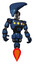 Robot containing flat elongated skull head and light chest exoshielding and yellow chest lights and jet propulsion. Dark blue halftone. Hero pose.