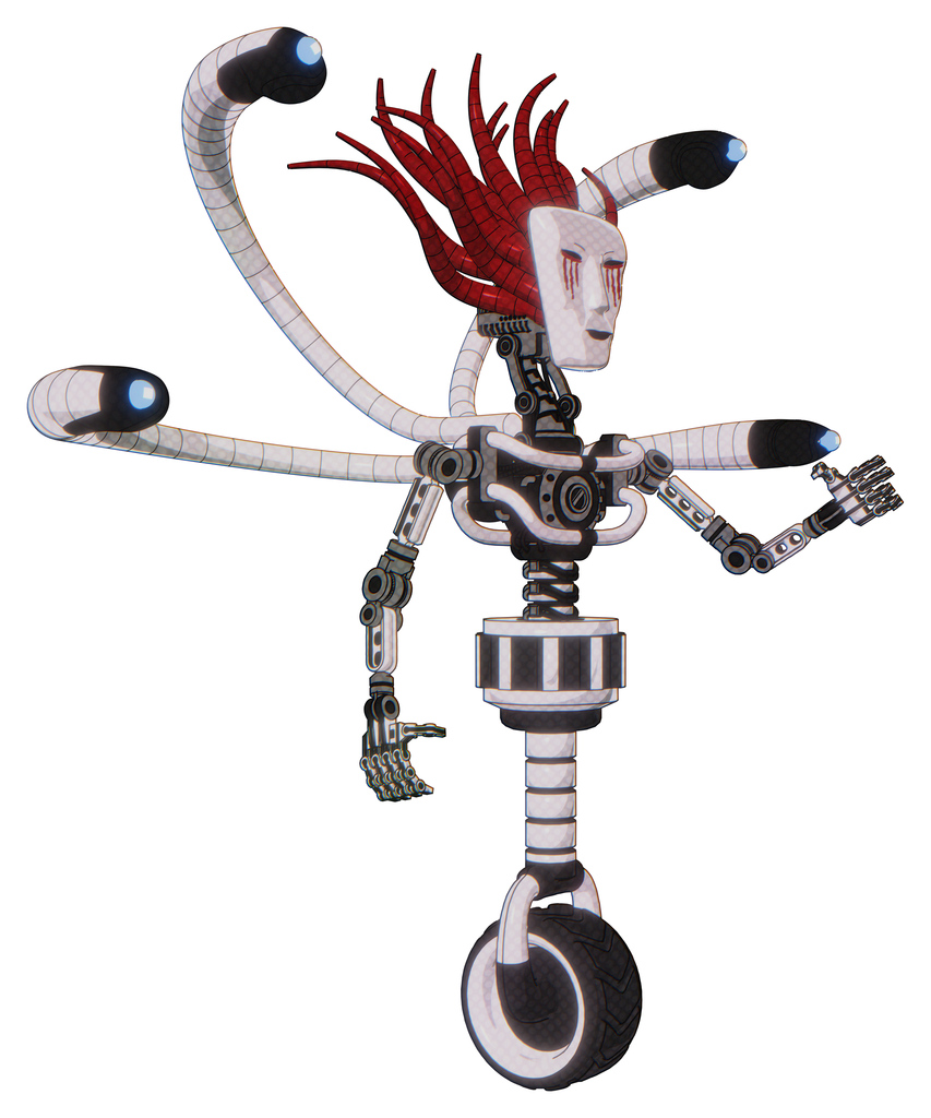 Droid containing humanoid face mask and blood tears and light chest exoshielding and blue-eye cam cable tentacles and no chest plating and unicycle wheel. White halftone toon. Interacting.