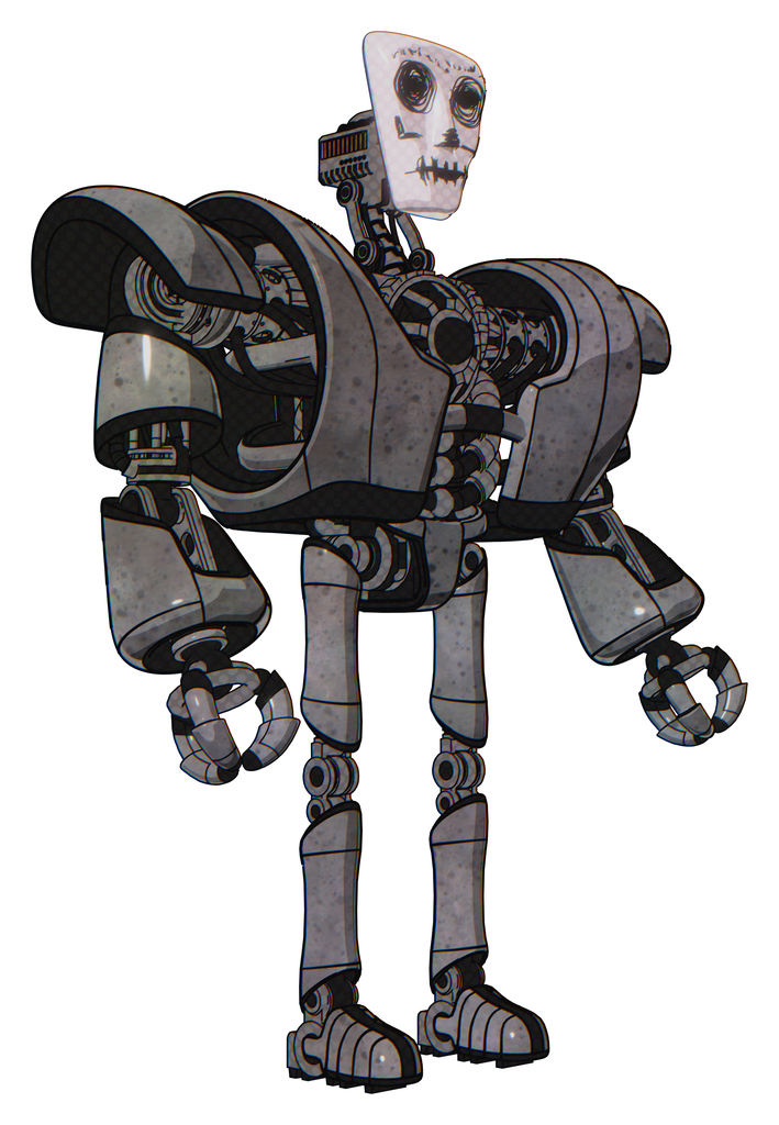 Cyborg containing humanoid face mask and skeleton war paint and heavy upper chest and heavy mech chest and ultralight foot exosuit. Unpainted metal. Facing left view.