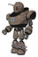 Mech containing grey alien style head and metal grate eyes and bug antennas and heavy upper chest and circle of blue leds and light leg exoshielding and spike foot mod. Patent khaki metal.