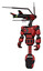 Cyborg containing dual retro camera head and communications array head and light chest exoshielding and red energy core and unicycle wheel. Primary red halftone. Standing looking right restful pose.