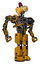 Cyborg containing bird skull head and brass steampunk eyes and chicken design and heavy upper chest and no chest plating and prototype exoplate legs. Worn construction yellow. Hero pose.