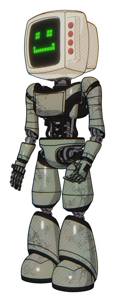 Robot containing old computer monitor and happy pixel face and red buttons and light chest exoshielding and ultralight chest exosuit and light leg exoshielding. Green metal. Facing right view.