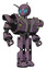 Bot containing grey alien style head and blue grate eyes and bug antennas and heavy upper chest and heavy mech chest and green cable sockets array and prototype exoplate legs. Lilac metal. Hero pose.