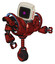 Automaton containing old computer monitor and magenta symbol display and red buttons and heavy upper chest and heavy mech chest and battle mech chest and unicycle wheel. Grunge dots cherry tomato red.