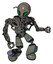 Bot containing grey alien style head and green demon eyes and bug antennas and heavy upper chest and no chest plating and light leg exoshielding and megneto-hovers foot mod. Concrete grey metal.