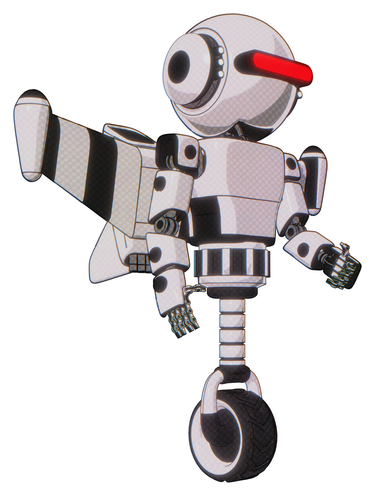 Android containing round head and horizontal red visor and head light gadgets and light chest exoshielding and prototype exoplate chest and stellar jet wing rocket pack and unicycle wheel.