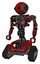 Cyborg containing oval wide head and beady black eyes and steampunk iron bands with bolts and heavy upper chest and no chest plating and tank tracks. Dark red. Standing looking right restful pose.