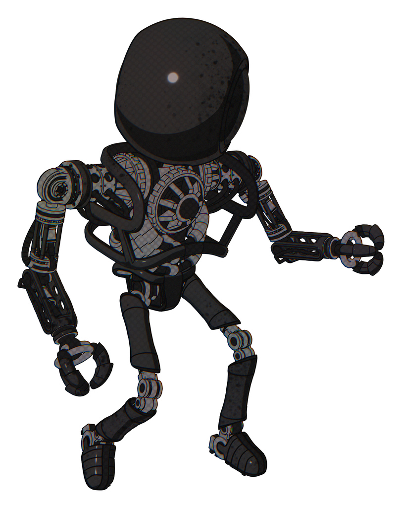 Droid containing round head and heavy upper chest and no chest plating and ultralight foot exosuit. Dirty black. Fight or defense pose..