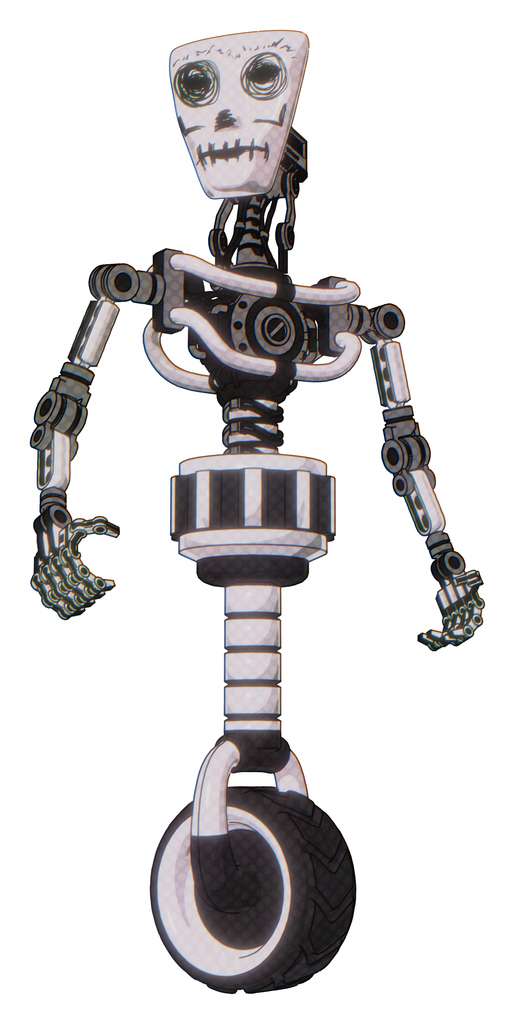 Mech containing humanoid face mask and skeleton war paint and light chest exoshielding and no chest plating and unicycle wheel. White halftone toon. Hero pose.