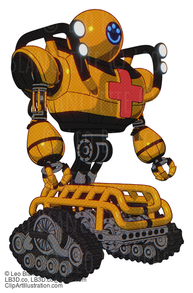 Android Containing Dual Retro Camera Head And Happy 3 Eyes Round Head And Heavy Upper Chest And First Aid Chest Symbol And Shoulder Headlights And Tank Tracks. Primary Yellow Halftone. #19666