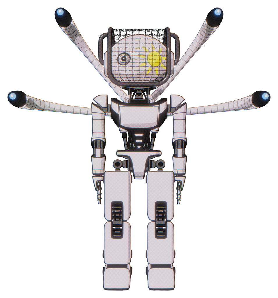 Bot containing oval wide head and sunshine patch eye and barbed wire visor helmet and light chest exoshielding and ultralight chest exosuit and blue-eye cam cable tentacles .
