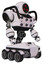 Automaton containing three led eyes round head and heavy upper chest and chest energy sockets and six-wheeler base. White halftone toon. Facing left view.