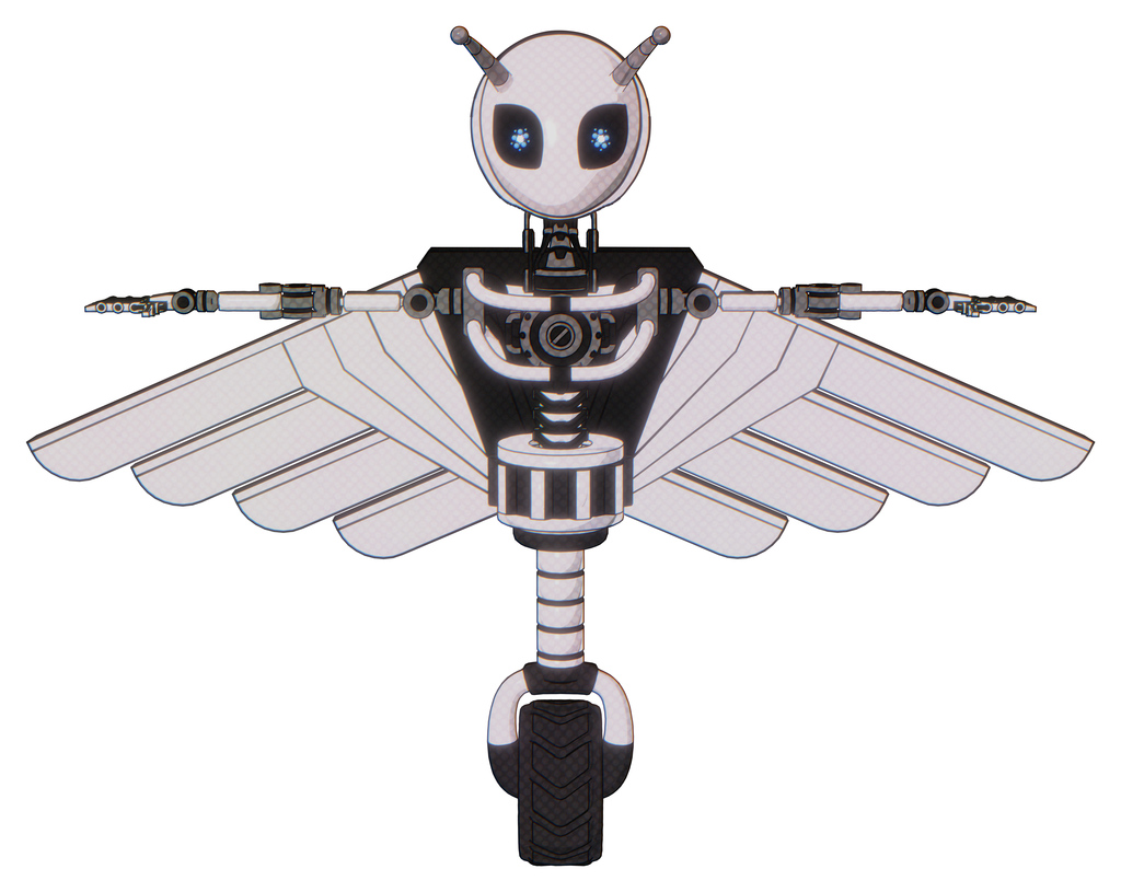 Mech containing grey alien style head and electric eyes and bug antennas and light chest exoshielding and pilot's wings assembly and no chest plating and unicycle wheel. White halftone toon. T-pose.