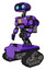 Droid containing dual retro camera head and cute retro robo head and light chest exoshielding and yellow star and rocket pack and tank tracks. Secondary purple halftone. Facing right view.