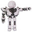 Bot containing dots array face and heavy upper chest and heavy mech chest and shoulder spikes and prototype exoplate legs. White halftone toon. Pointing left or pushing a button..
