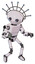 Bot containing oval wide head and telescopic steampunk eyes and techno halo ornament and light chest exoshielding and prototype exoplate chest and ultralight foot exosuit. White halftone toon.
