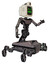 Cyborg containing old computer monitor and angry pixels face and retro-futuristic webcam and light chest exoshielding and ultralight chest exosuit and insect walker legs. Light pink beige.