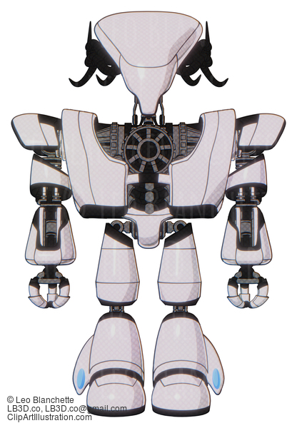 Android Containing Flat Elongated Skull Head And Cables And Heavy Upper Chest And Heavy Mech Chest And Light Leg Exoshielding. White Halftone Toon. Front View. #19695