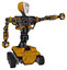 Robot containing humanoid face mask and spiral design and heavy upper chest and no chest plating and six-wheeler base. Worn construction yellow. Pointing left or pushing a button..