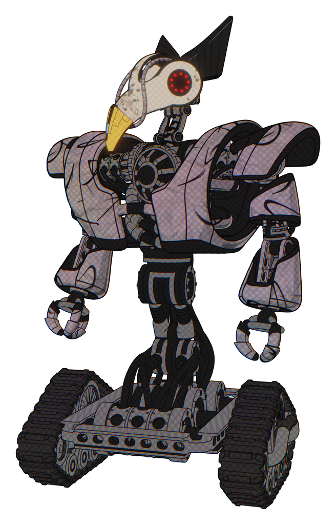 Robot containing bird skull head and red led circle eyes and robobeak design and heavy upper chest and heavy mech chest and tank tracks. Dark sketch doodle. Standing looking right restful pose.