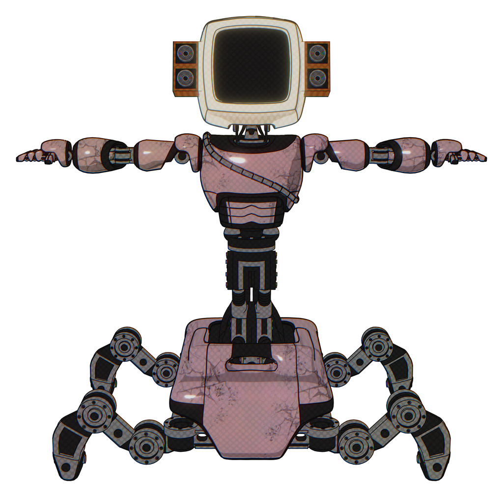 Droid containing old computer monitor and old retro speakers and light chest exoshielding and cable sash and insect walker legs. Grayish pink. T-pose.