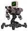 Robot containing old computer monitor and double backslash pixel design and red buttons and heavy upper chest and heavy mech chest and insect walker legs. Gray metal. Hero pose.