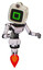 Bot containing old computer monitor and pixel square design and retro-futuristic webcam and light chest exoshielding and ultralight chest exosuit and jet propulsion. White halftone toon.