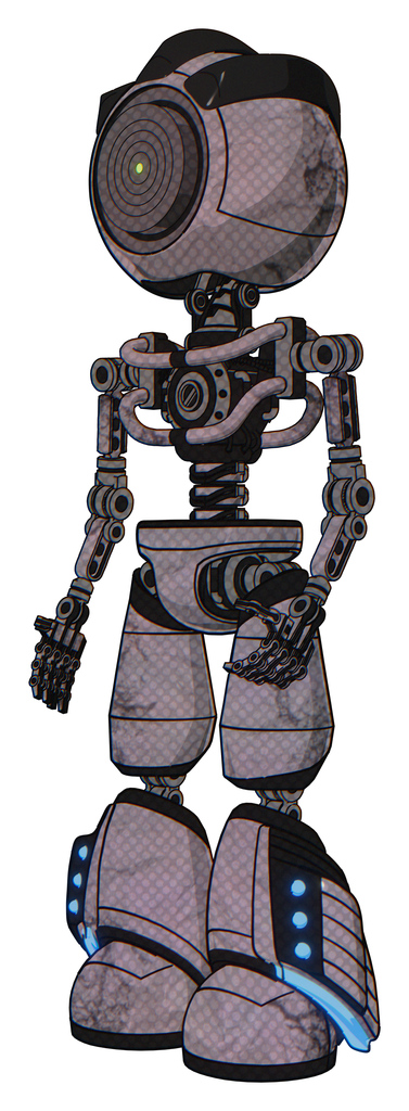 Mech containing green dot eye corn row plastic hair and light chest exoshielding and no chest plating and light leg exoshielding and megneto-hovers foot mod. Dark dirty scrawl sketch.