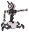 Mech containing round head and maru eyes and head winglets and heavy upper chest and no chest plating and insect walker legs. White halftone toon. Pointing left or pushing a button..